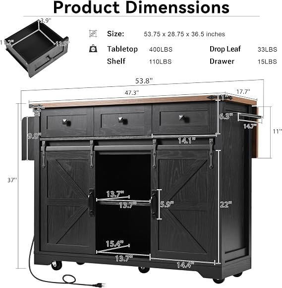 53.7 Farmhouse Mobile Kitchen Island Cart with Drop Leaf, Storage Island with Sliding Barn Door,Rolling Home Cart on Wheel Breakfast Bar Table with Power Outlet,3 Drawer,Cabinet,Tower Rack(Black)