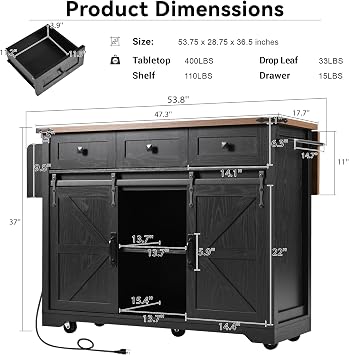 53.7 Farmhouse Mobile Kitchen Island Cart with Drop Leaf, Storage Island with Sliding Barn Door,Rolling Home Cart on Wheel Breakfast Bar Table with Power Outlet,3 Drawer,Cabinet,Tower Rack(Black)