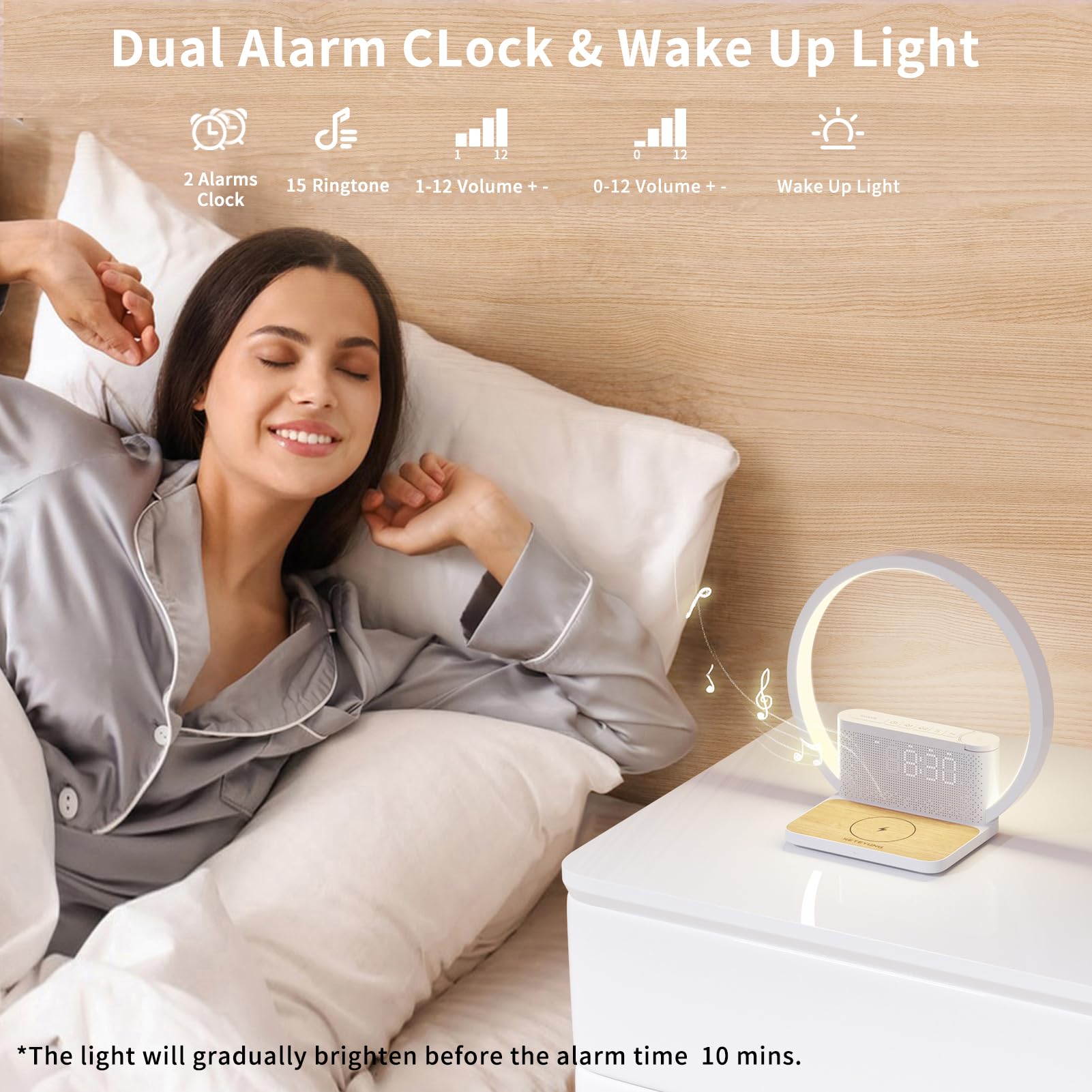 RETEYUNG Lámpara de cabecera con función de carga,Cargador Inalámbrico de 10w,2 Despertadores,Reloj despertador con luz,10 Sonidos Relajantes,3 Niveles de Brillo,Adecuado para dormitorio,salón.