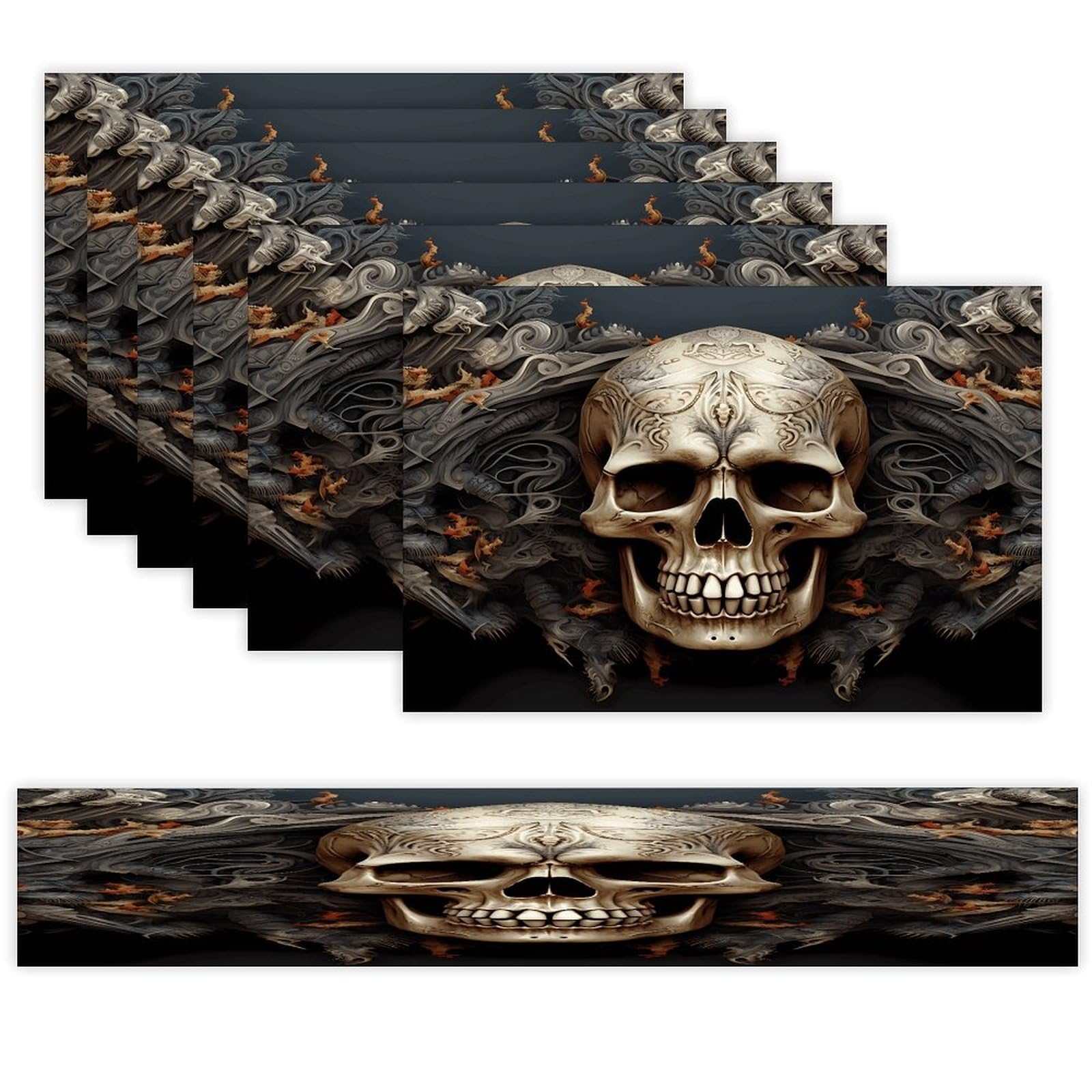 Skulls Table Runner and Placemats of 6 Washable Heat Resistant Place Mats with Table Runner Vintage Holiday Table Mat Set for Holiday Party Kitchen Dining Deco