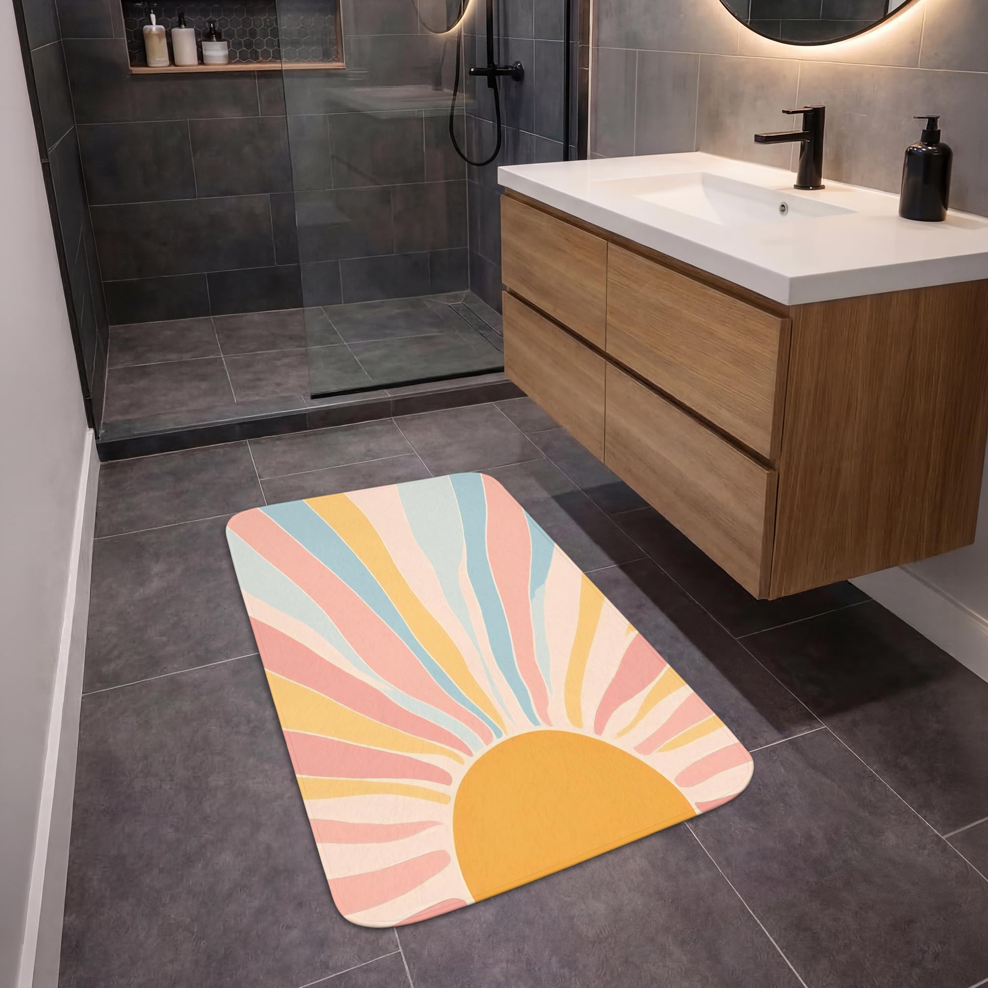 Duschvorleger Badezimmer Deko Badematte rutschfest Bathroom | 60x90 cm - Rechteckig - Vorleger Badmatten Duschteppich Weichschaummatte Illustration - Sonne - Pastellfarben