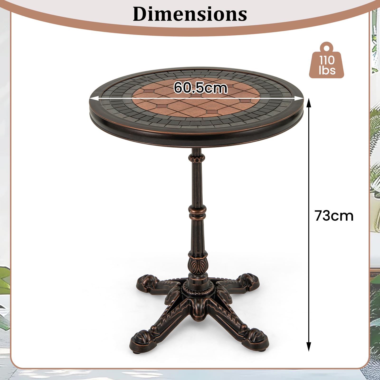 GIANTEX Gartentisch, φ60,5cm Beistelltisch Outdoor, Balkontisch mit Bemalter Tischplatte & Kreuzförmigem Sockel, wetterfester Bistrotisch für Wohnzimmer, Hinterhof, Garten