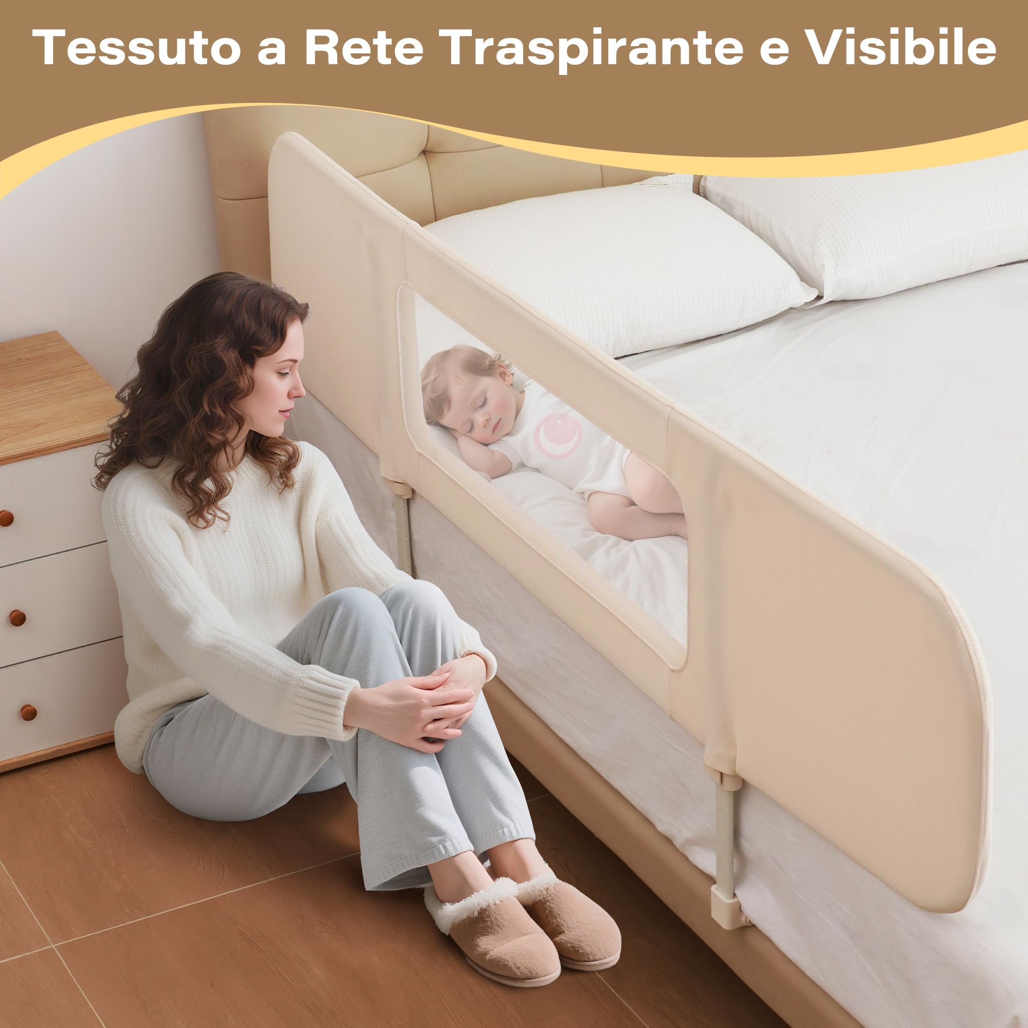 Sponda Letto Bambini 2 in 1 Pieghevole 185cm, Sbarra Letto Barriera Lettino o Cododo Lettino con Borsa Trasporto per Viaggi o Vacanze, Senza Installazione, Facile da Trasportare - Crema