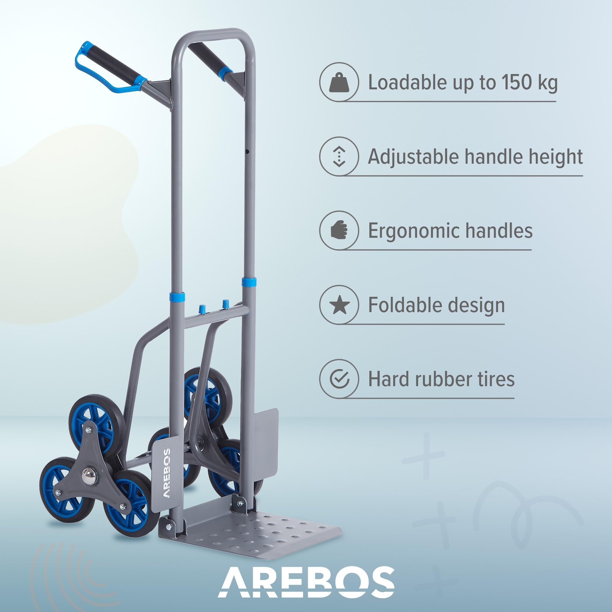 Arebos Carrello per scale portasacchi | Carrello per scale pieghevole | Carrello per scale con pneumatici in gomma dura e telaio in acciaio | Carrello di trasporto carrello elevatore | Carrello di