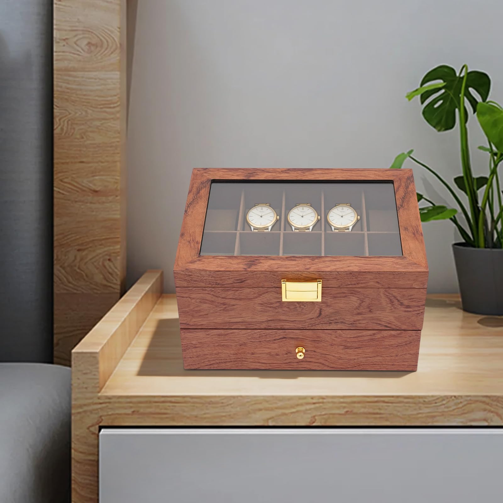 Caja Relojes, Caja de Relojes Hombre con 20 Ranuras, Estuche de Relojes de Madera de 2 Niveles con Tapa de Cristal, Forro de Terciopelo, Regalo de Hombres Amante Relojes Queridos
