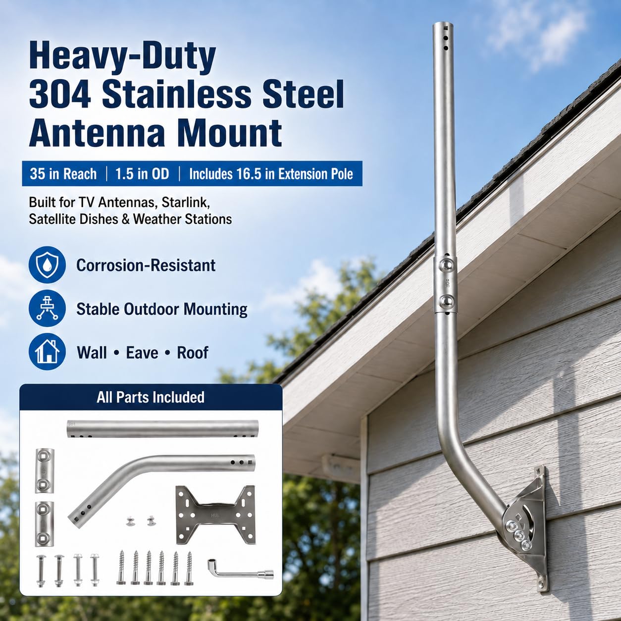 CEKAY Poste de montaje universal de acero inoxidable 304 (1.5 pulgadas de diámetro x 35 pulgadas de largo), mástil de poste en J resistente para antena y satélite, Starlink y estación meteorológica