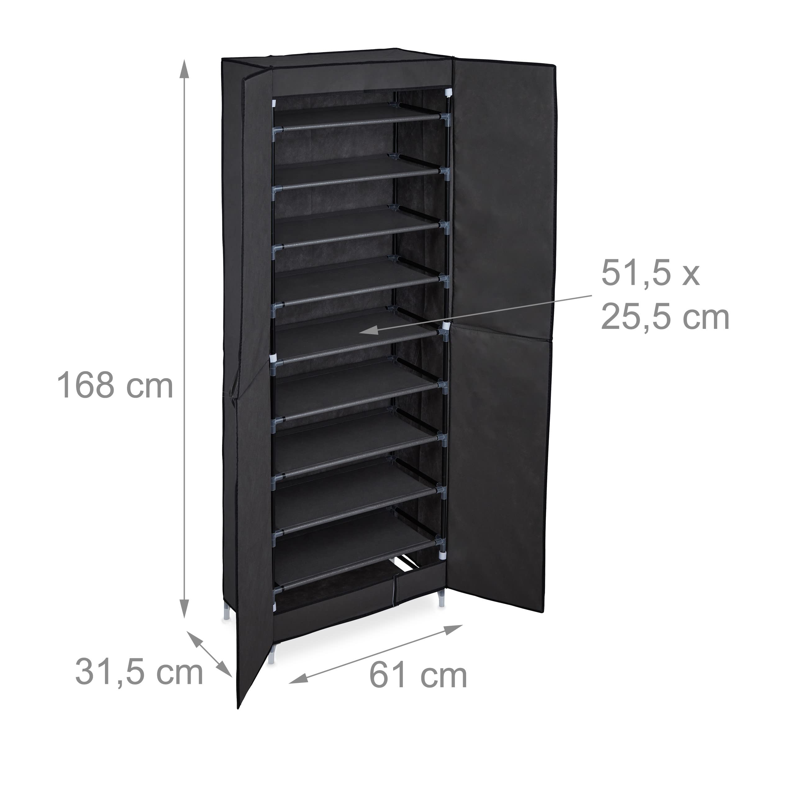 Relaxdays Scarpiera Salvaspazio, 10 Ripiani, 30 Scarpe, Rivestimento Tessuto, Anta Magnetica 168x61x31,5 cm, Antracite
