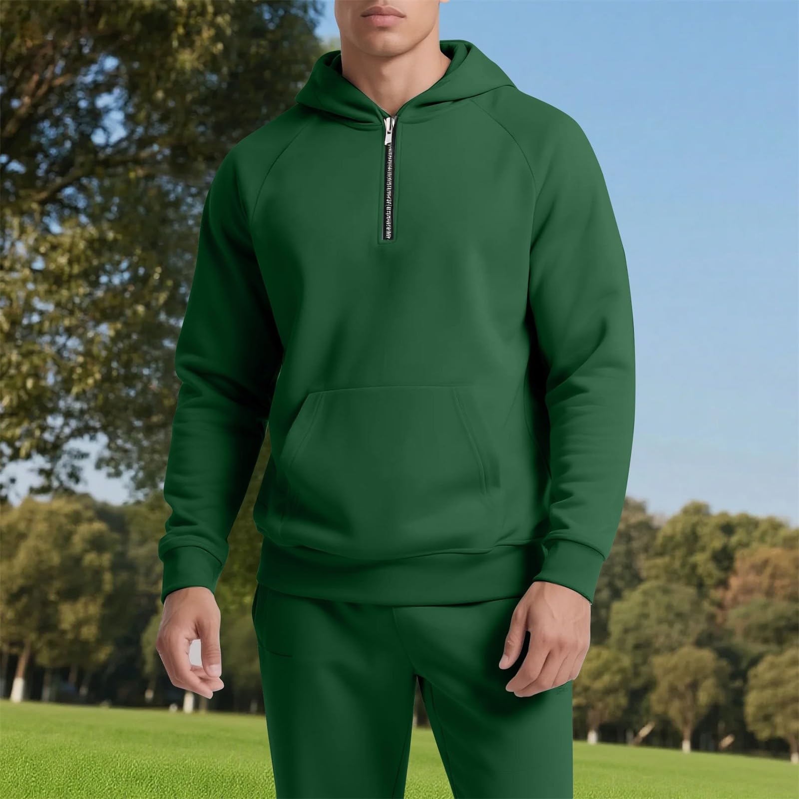 Generisch Tuta da uomo per il tempo libero, set da 2 pezzi, tuta da jogging da uomo, con cerniera a 1/4, con cappuccio e pantaloni sportivi da street, vestibilità normale, confortevole, per la casa