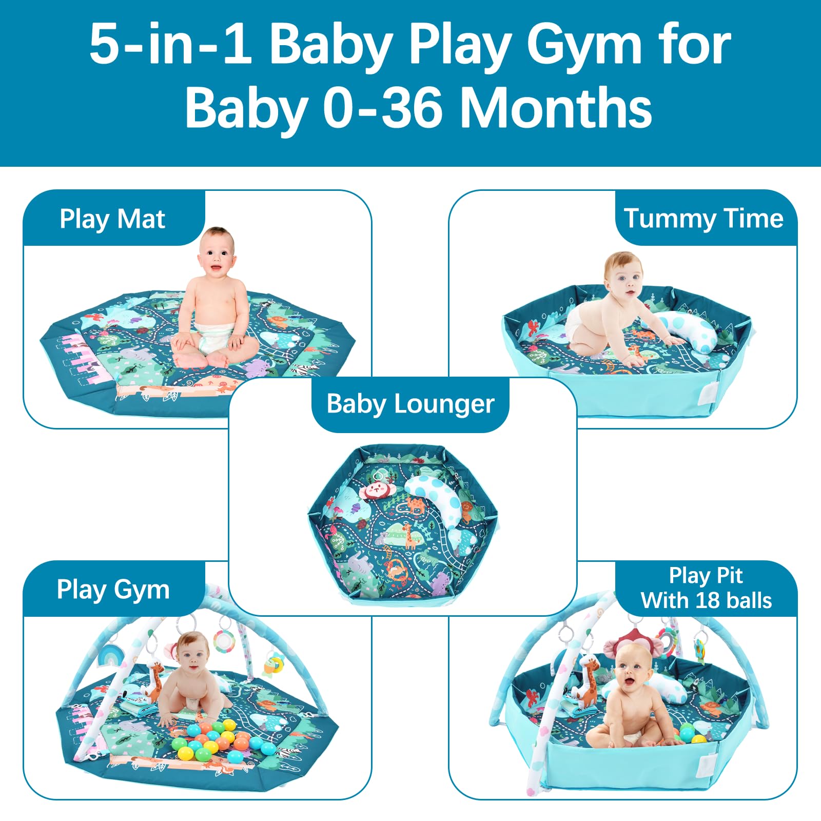 TFDER 8 in 1 Palestrina Neonato Multifunzione,tappeto gioco e vasca palline con lati,Giocattoli Staccabili,Stimola Sviluppo del Neonato con Tante Attività,Antiscivolo più Spesso, 0+ Mesi,Verde Oliva