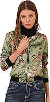 Allegra K Women's Floral Print Satin Bomber Jacket - Long Sleeve Zip-Up Casual Fall Winter Coat with Pockets