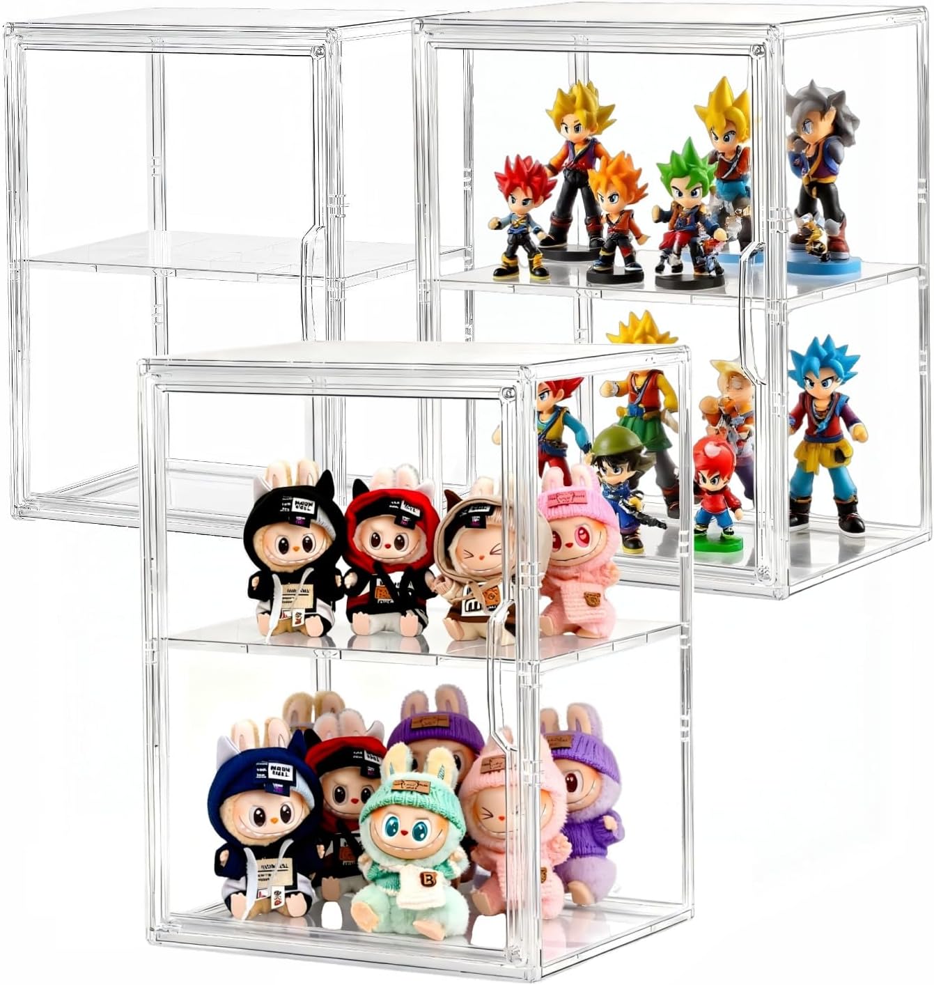 2 Pack Large Clear Acrylic Display Case for Collectibles Compatible with Labubu, Stackable Storage Box with Adjustable Layer and Magnetic Door, Dust-Proof Organizer for Figures, Home Office Supplies