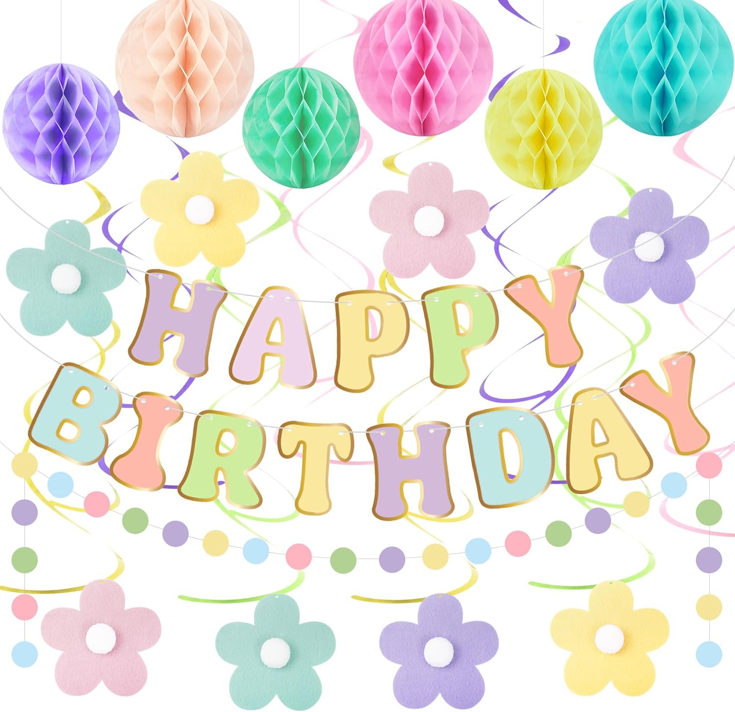 Amandir Pastel Birthday Decorations for Girls Women, Happy Birthday Banner with Honeycomb Balls, Daisy Flowers Hanging Swirls, Circle Dots Garland, Pastel Spring Easter Party Decorations Supplies