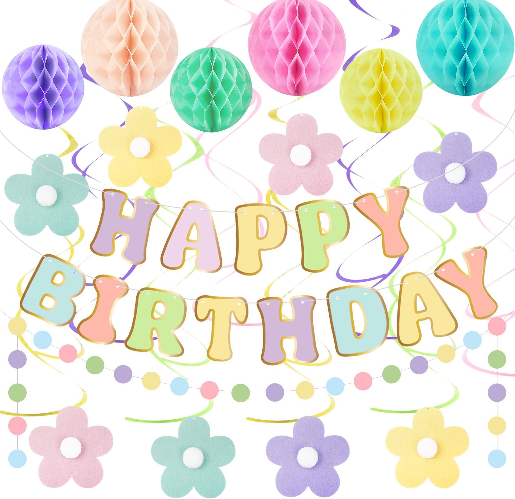 Amandir Pastel Birthday Decorations for Girls Women, Happy Birthday Banner with Honeycomb Balls, Daisy Flowers Hanging Swirls, Circle Dots Garland, Pastel Spring Easter Party Decorations Supplies
