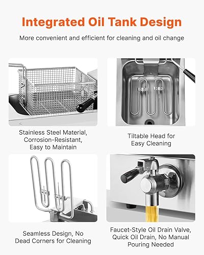 Miniatura 5 de VEVOR Freidora comercial, freidora de aceite individual de 9 cuartos de galón8.5 L, acero inoxidable de 0.039 pulgadas de grosor, freidora eléctrica