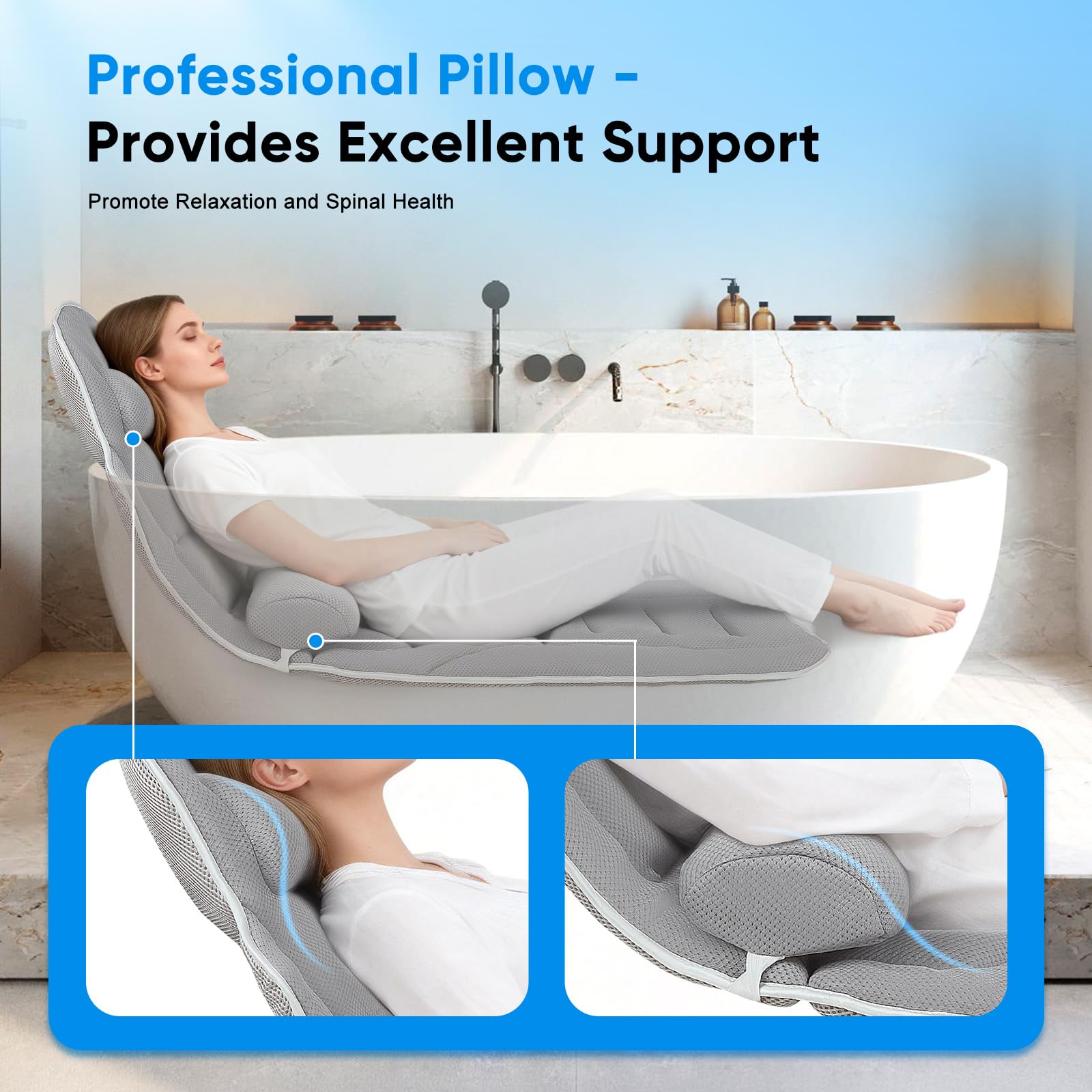 Badewannenkissen Ganzkörper 131 * 38cm, Badekissen mit Kopfstütze und Abnehmbares Taillenkissen, Kissen für Badewanne mit Hängehaken, Unterstützt Nacken Rücken, Schnelltrocknend, Hautfreundlich(Grau)