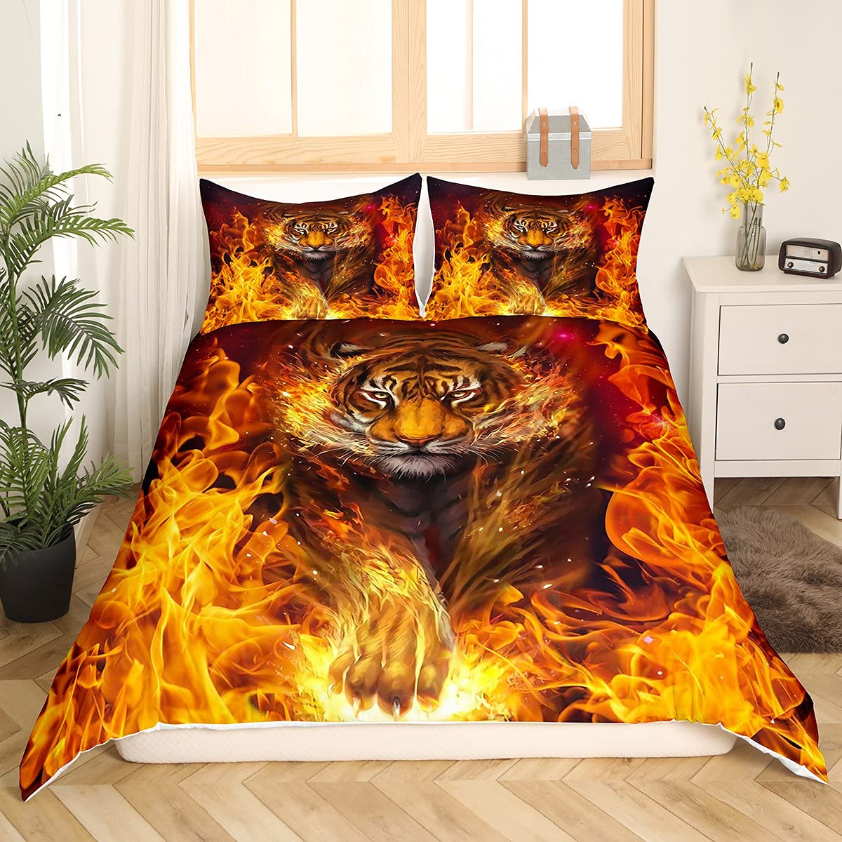 Homewish Tiger Bettwäsche Set 135x200 Big Cat Wildlife Bettbezug Set für Kinder Kind,Afrikanische Safari Tiere Tröster Abdeckung Set Flaming Fire Quilt Cover Neuheit Schlafzimmer Dekor