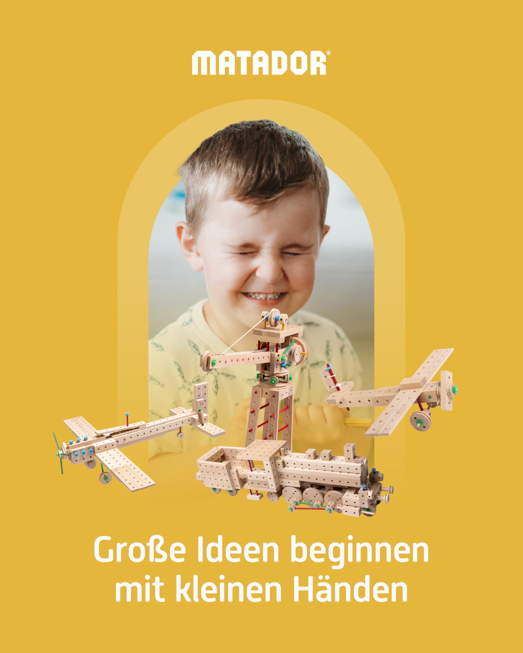 Matador Kinder Baukasten ab 5 Jahren 222-tlg. - Spannendes Holz Konstruktionsspielzeug zur Schulung von Kreativität und Feinmotorik, Bauspielzeug mit Stäbchen, Klötzen, Hammer & Zange