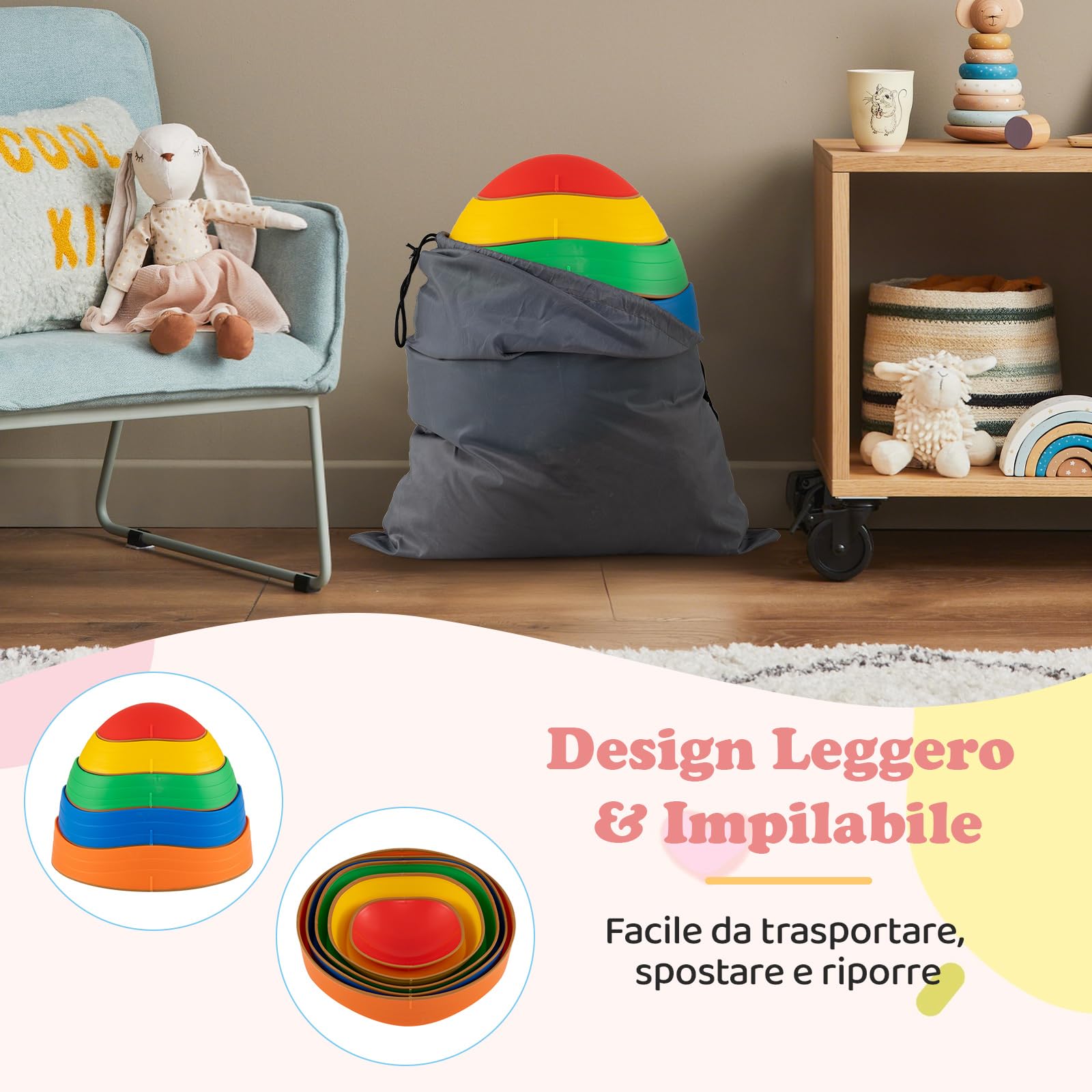 COSTWAY Pietre Equilibrio Bambini, Set di 5 Pietre di Bilanciamento Antiscivolo con Borsa per Trasporto per Abilità Motorie e Giochi di Coordinazione, Giocattoli Sensoriali per 3+ Anni
