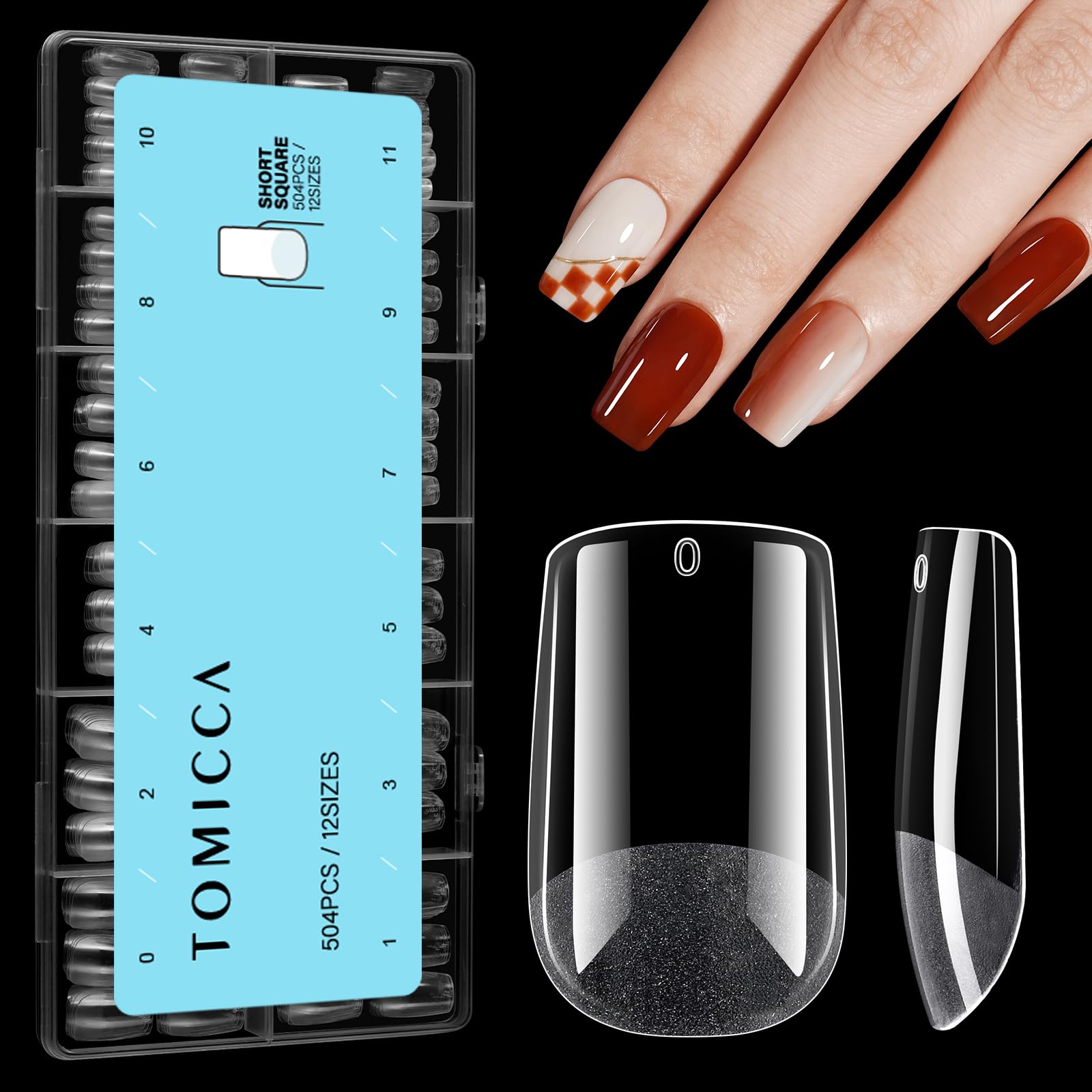 TOMICCA Quadrat 504 Stück Künstliche Nageltips Gel Tips für Gelnägel Nagelspitzen Falsche Nagel Französisch, Kurze Tips für Nägel Full Cover Nail Tips für Nagelstudios und DIY Nagelkunst, 12 Größen