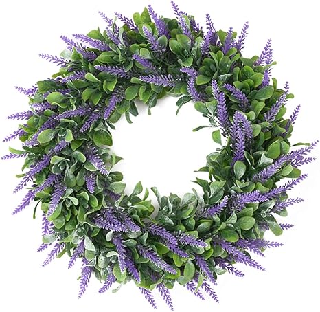 Amazon 造花リース 玄関用ローズフラワースプリングリース フローラルウェルカムドアリースファームハウスリース窓壁用ホーム屋外結婚式の装飾 ラベンダー 18インチ 造花 オンライン通販