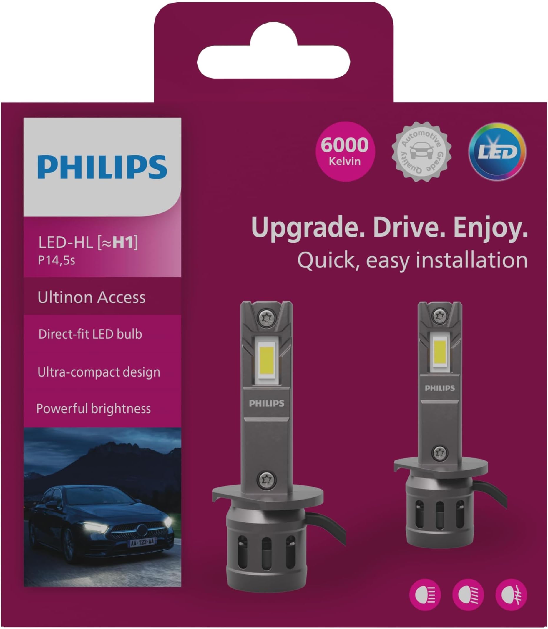 PHILIPS Ultinon Access LED car headlight bulb H1, ultra-compact direct-fit, 6000K, set of 2, White