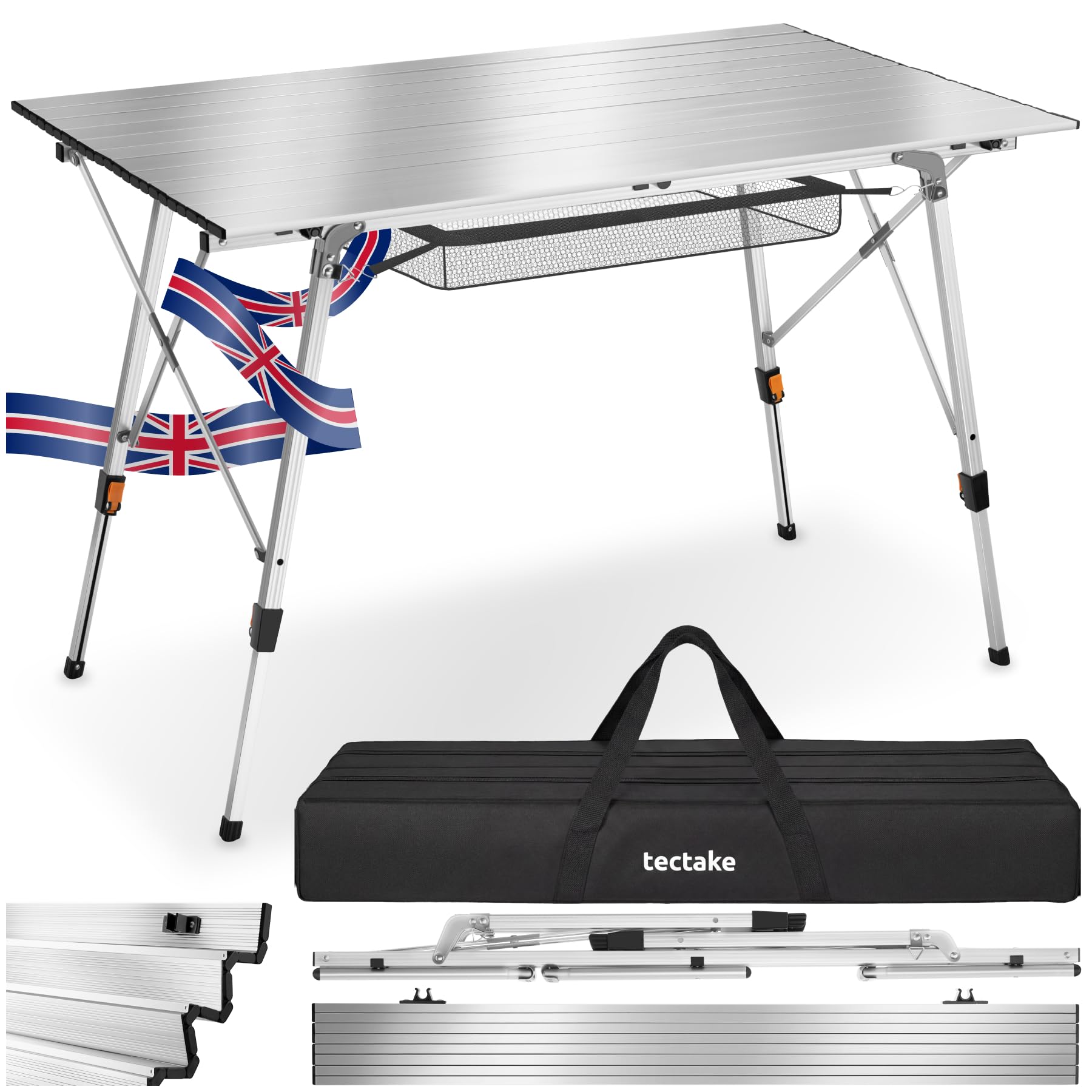 tectake® Folding Camping Table, 90 x 52 x 47-70 cm, Height-Adjustable Foldable Table, Lightweight Aluminium, Portable Outdoor Table with Storage Net & Carry Bag for Camping, Picnic, BBQ - Silver