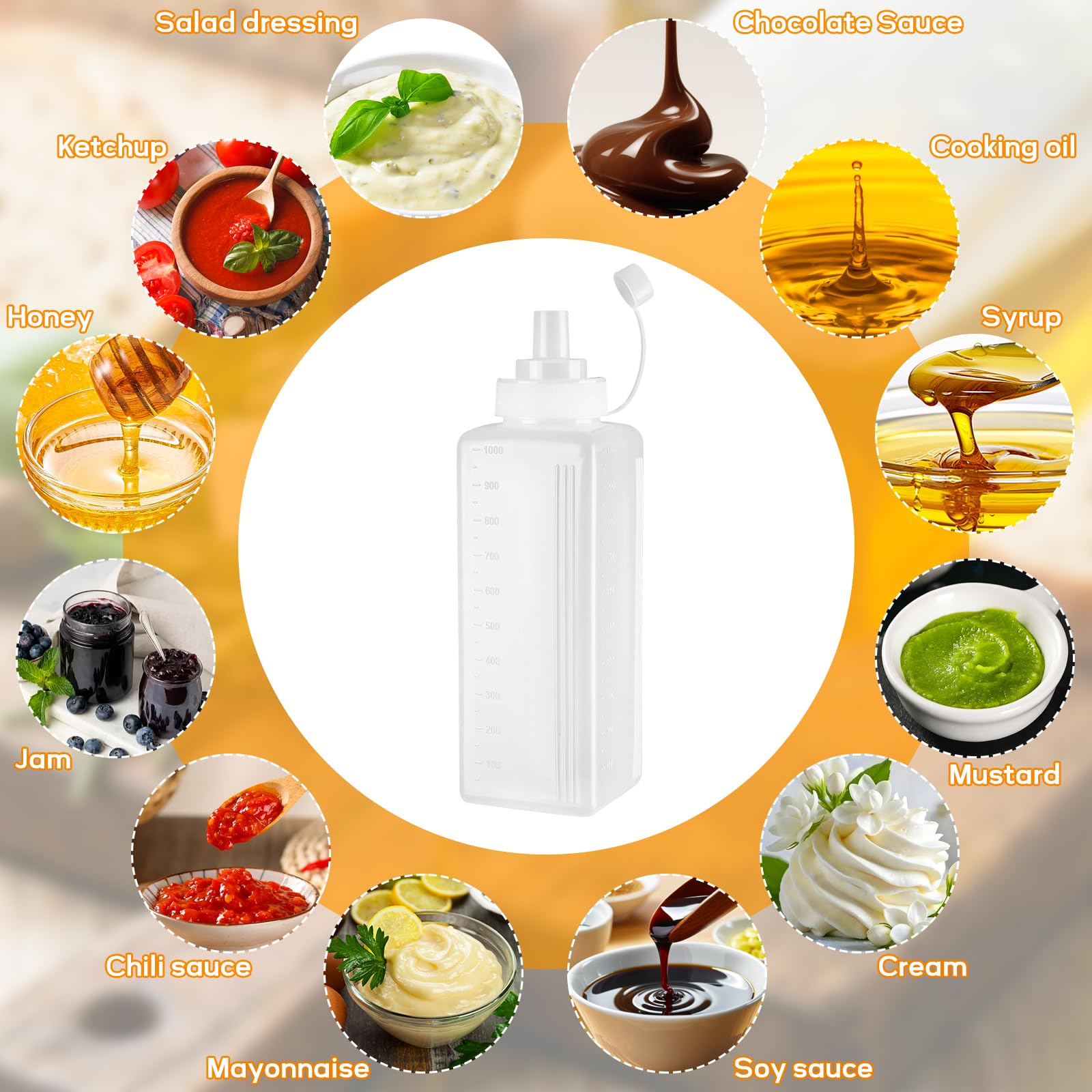 3 Stück Quetschflasche, 1000ML Breiter Mund Plastik Squeeze Flasche mit Kappen, Etiketten & Bürste, Saucenflasche Dosierflasche Kein Leck Spender für Ketchup Scharfe Soßen Olivenöl Malen