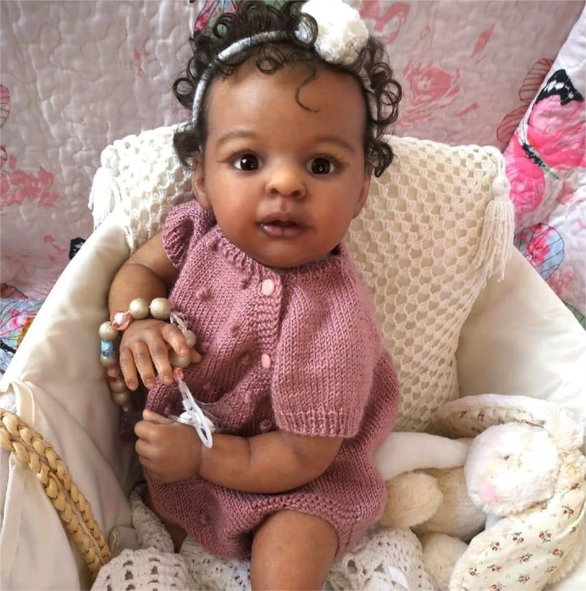 Zero pam Reborn Baby Mädchen, 48cm Reborn Baby Vollvinyl Lebensecht Puppe Mit Haaren, Realistisch Schwarze Babypuppen Wie Echt Puppe Ab 3 Jahre Mit Fütterung Zubehör