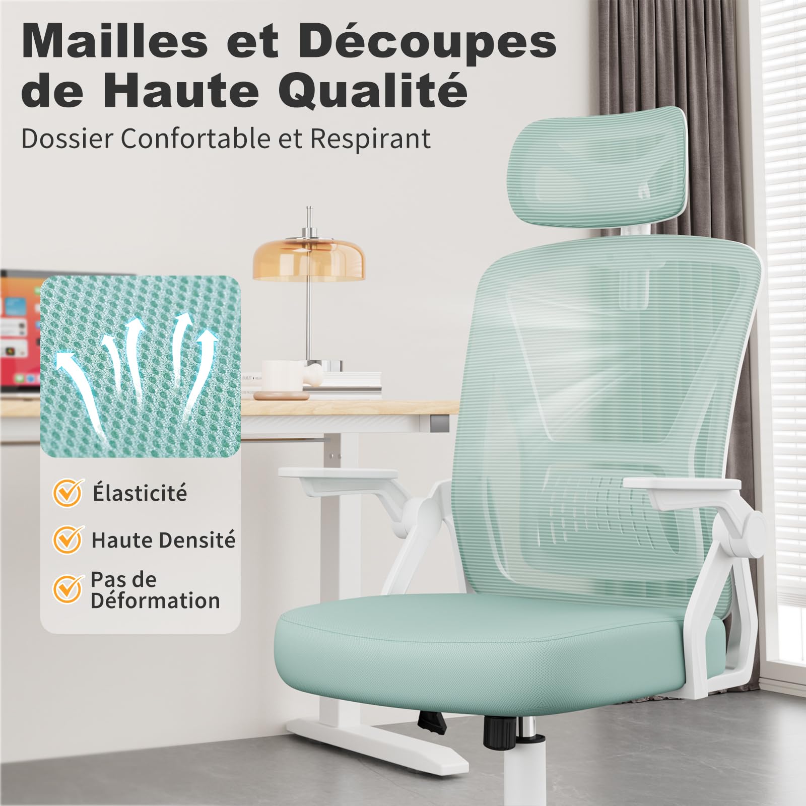 naspaluro Chaise de Bureau Ergonomique avec Accoudoirs Rabattables à 90° (avec Appui-tête, Blanc- Vert)