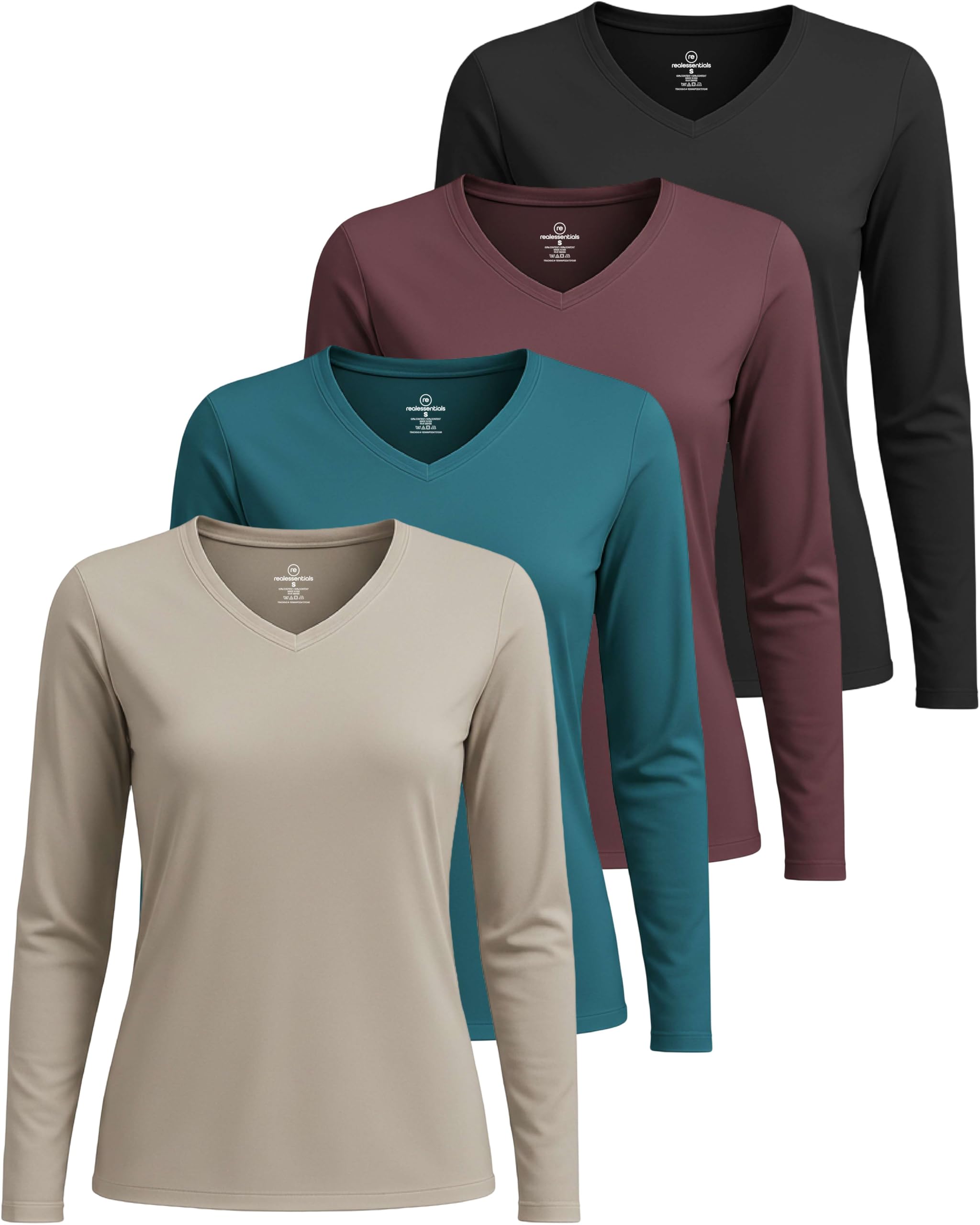 Real Essentials Paquete de 4: camiseta deportiva de manga larga con cuello en V para mujer, camiseta deportiva de entrenamiento para gimnasio (Plus