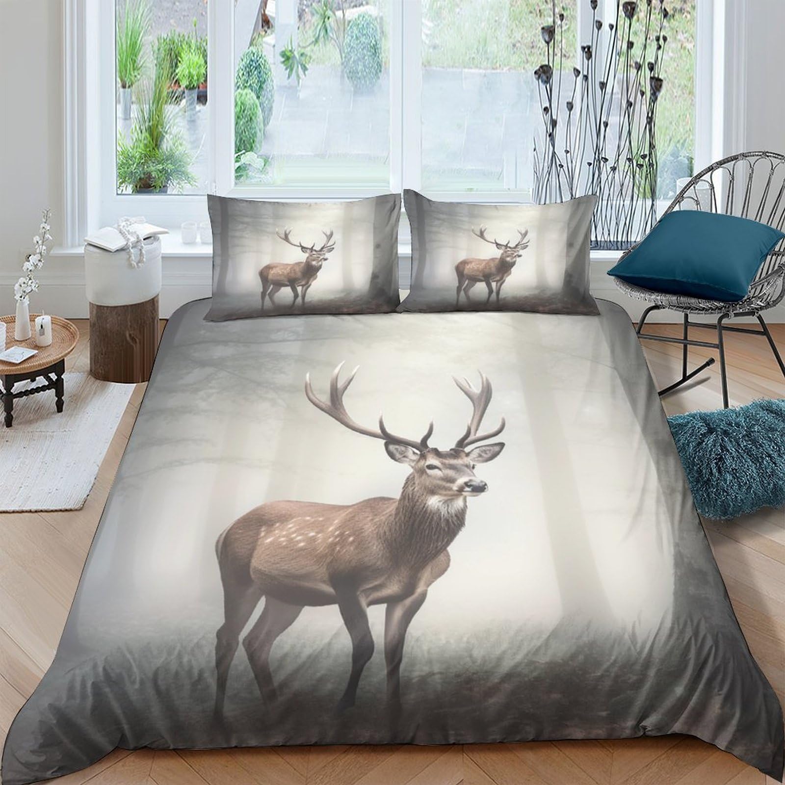 Ctjqhvkz Style-1 3D Printed Forest Deer Fitted Sheet Microfiber Soft Breathable Woodland Stag Bed Cover For Bedroom Guest Room Decor Single（135X200cm）