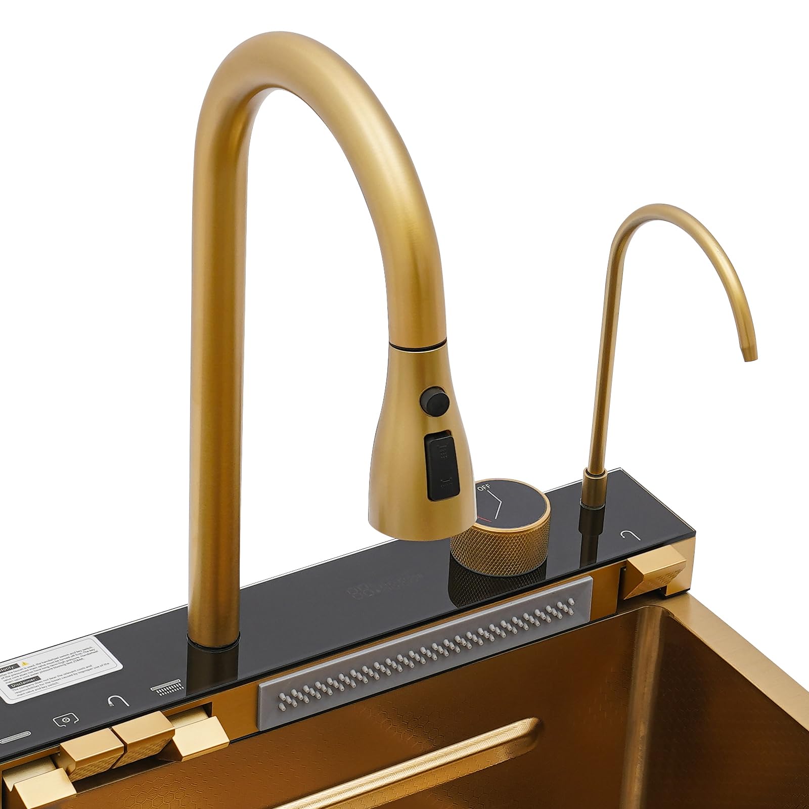 Fregadero de cocina, 75 x 46 x 22 cm, acero inoxidable, con grifo para cocina | Fregadero dorado con dispensador de jabón extensible, cascada, aspersor, función lluvia, escurridor, sifón para el hogar