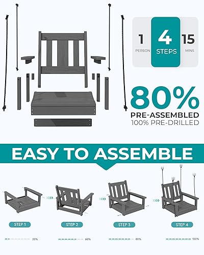 Miniatura 7 de SERWALL Columpio de porche individual HDPE, silla columpio resistente para una sola persona con 2 cuerdas colgantes de polipropileno, silla colgante