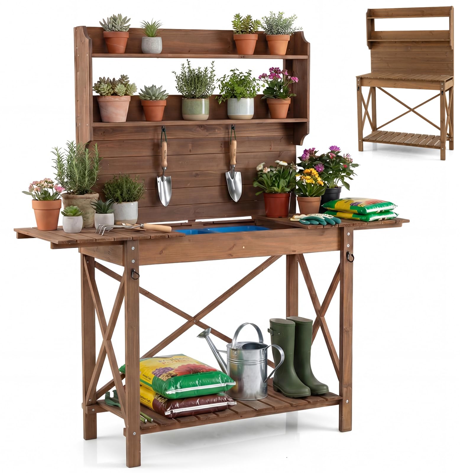 COSTWAY Garden Potting Table, Wooden Potting Bench with Sliding Tabletop, 2 Removable Sink Basins & Hanging Hooks, Outdoor Planting Germination Workstation for Patio Yard Balcony, 100-155 x 44 x 160cm