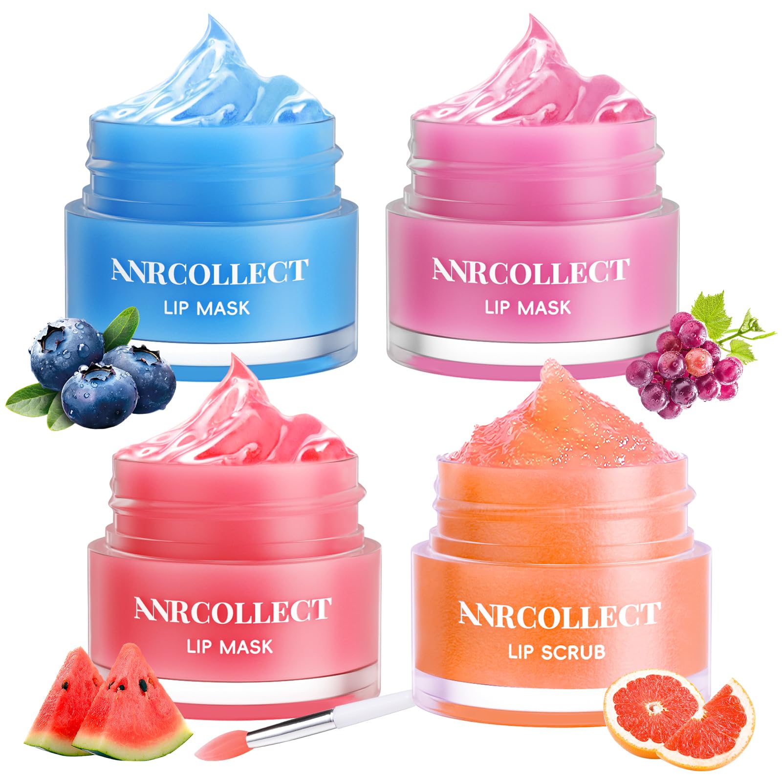 ANRCOLLECTLip Mask & Lip Scrub, Lip Sleeping Masks & Lip Scrub Exfoliator, Moisturizing Lip Balm Set for Dry Chapped Peeling Cracked Lips, Fine Line & Wrinkle, 4Pack, 0.35 OZ/Each