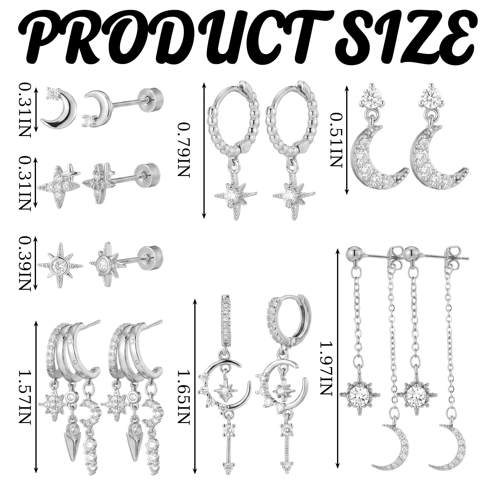 Quelay 8 pares de aretes de aro colgantes de plata punk Y2k estrella luna