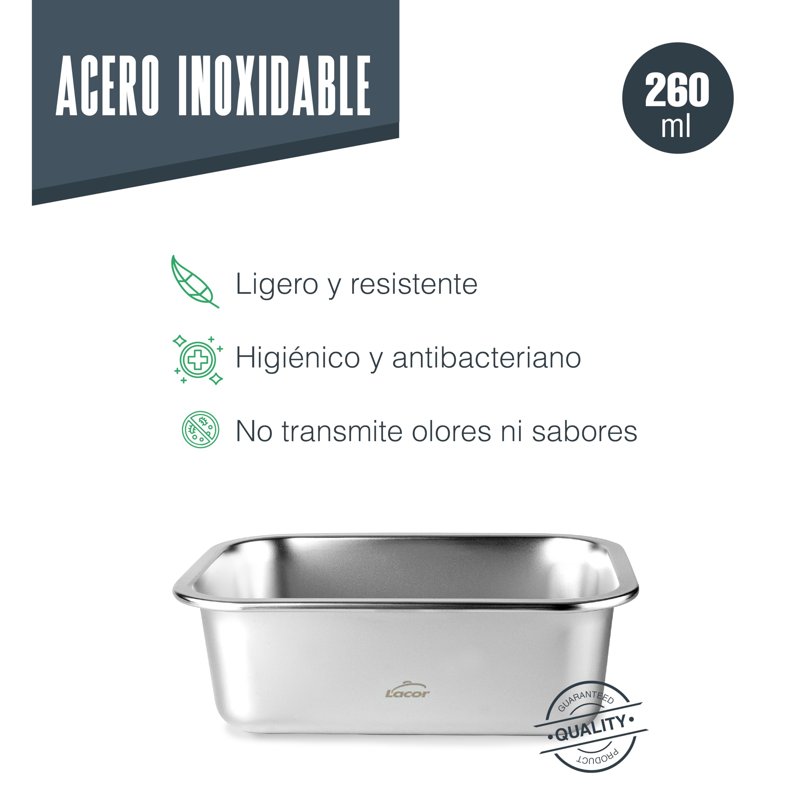 LACOR 64623 - Set 3 Recipientes Ecoinox - Acero Inox 18/10, 260 ml | Capacidades 3 x 260ml, rectangular, apto para horno, apto para lavavajillas, cierre hermético