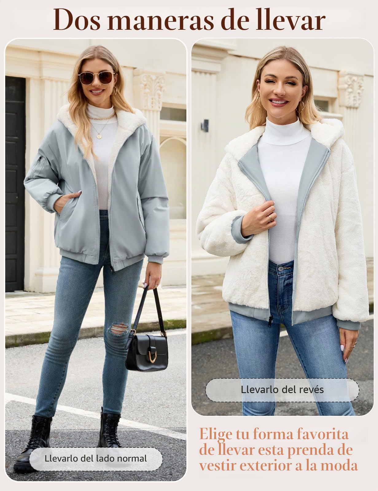 Vancavoo Chaqueta Reversible Mujer de Invierno con Capucha y Pelo Suave | Cazadora Corta con Cremallera, Puños de Canalé y Bolsillos en Ambos Lados para Uso Diario