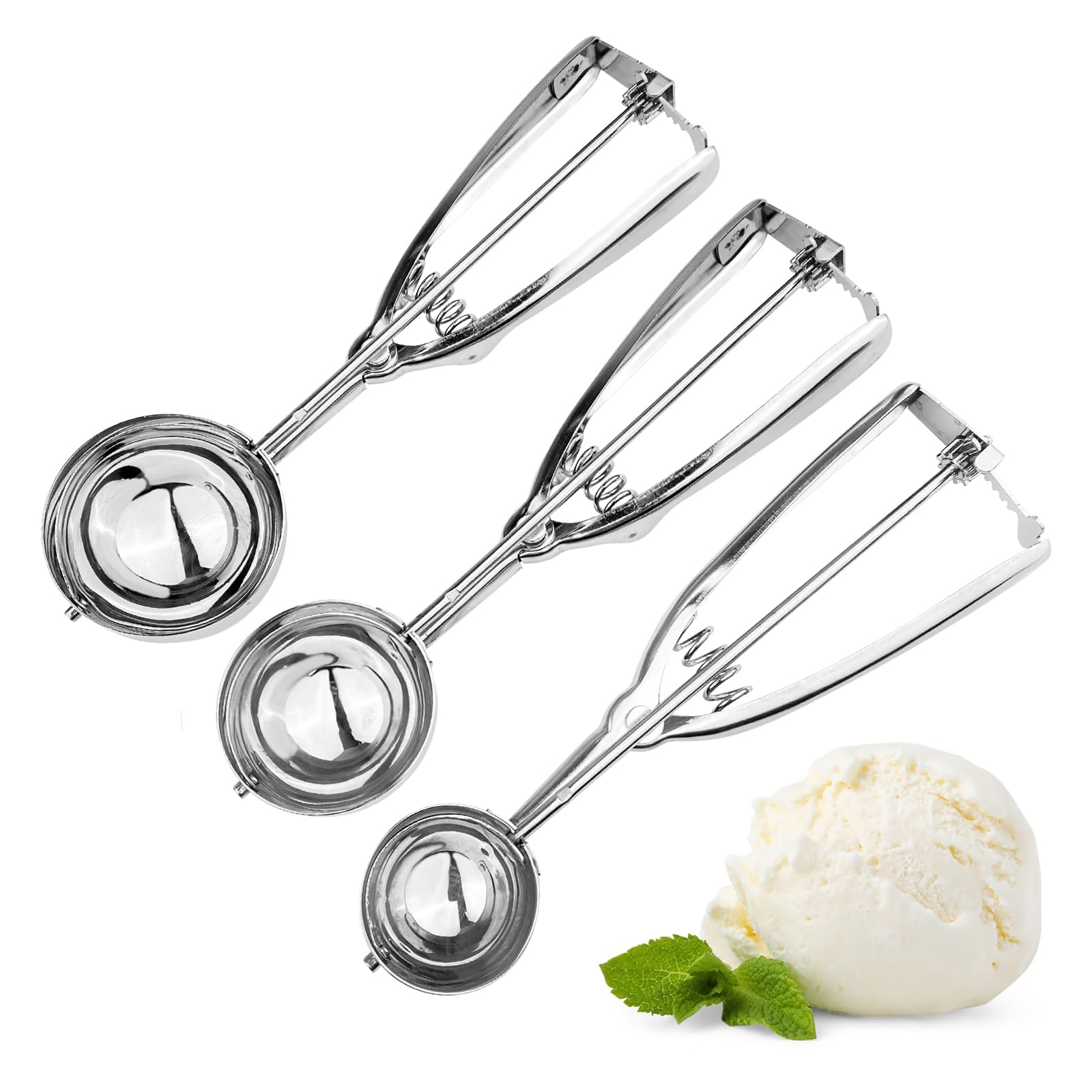 Cucchiaio per Gelato in Acciaio Inox 3 Pezzi, Dosatore Gelato 4-6 cm, Paletta con Grilletto