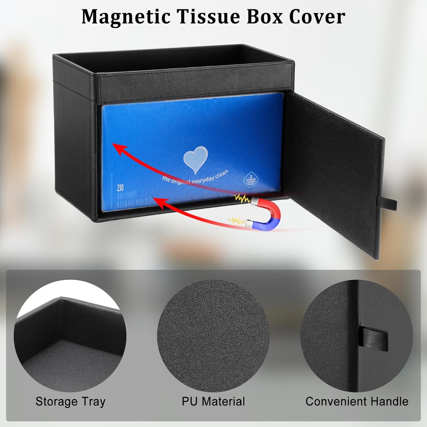 Sumnacon Tissue Box Cover with Storage Tray, Decorative Rectangular Tissue Holder PU Leather Facial Tissues Organizer Stylish Modern Tissue Dispenser for Bathroom Toilet Tank Vanity Dresser Table