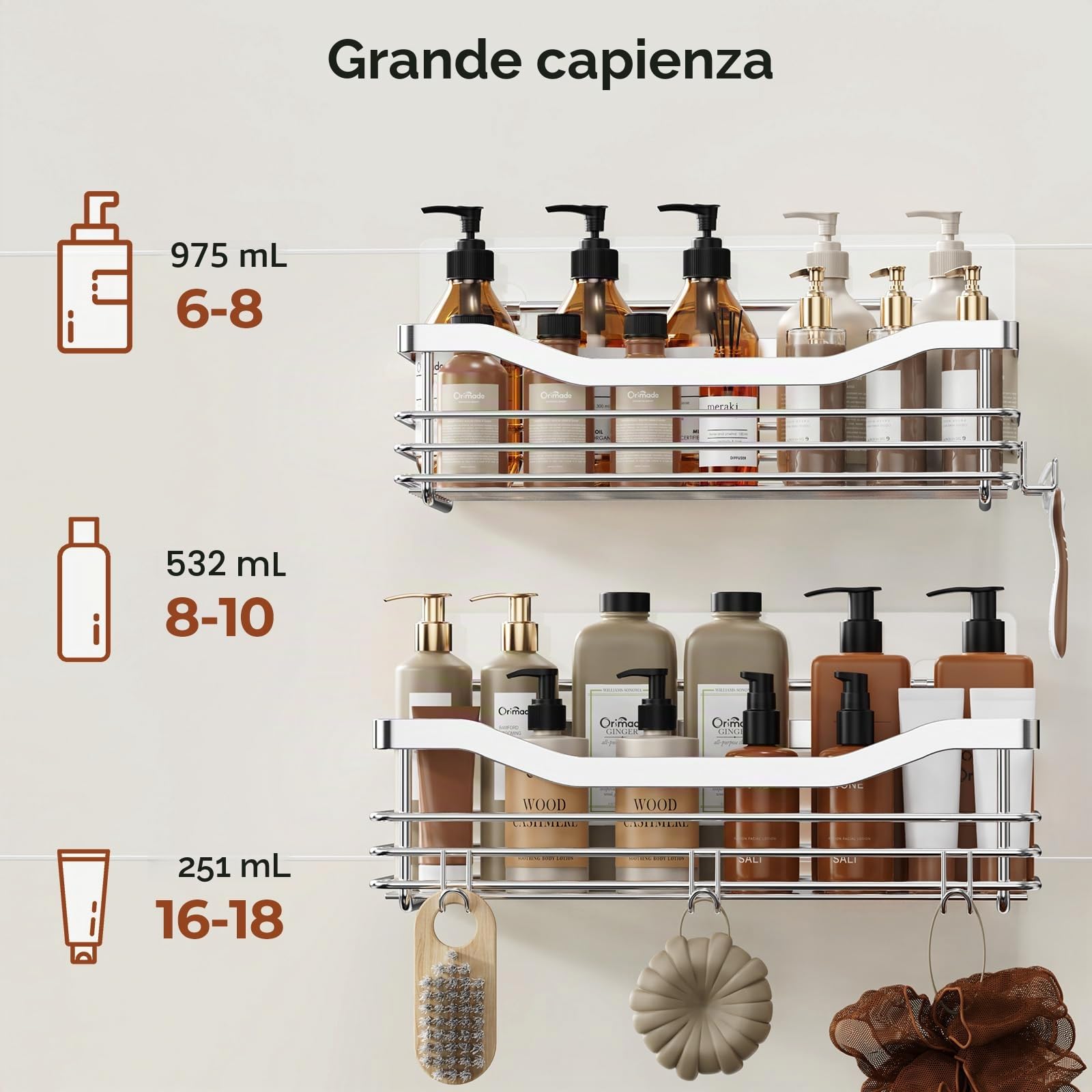 Orimade Acciaio inossidabile SUS304 - Porta doccia con 5 ganci per bagno, cestello per WC, cucina Spice Rack in acciaio SUS304, senza foratura, 2 confezioni