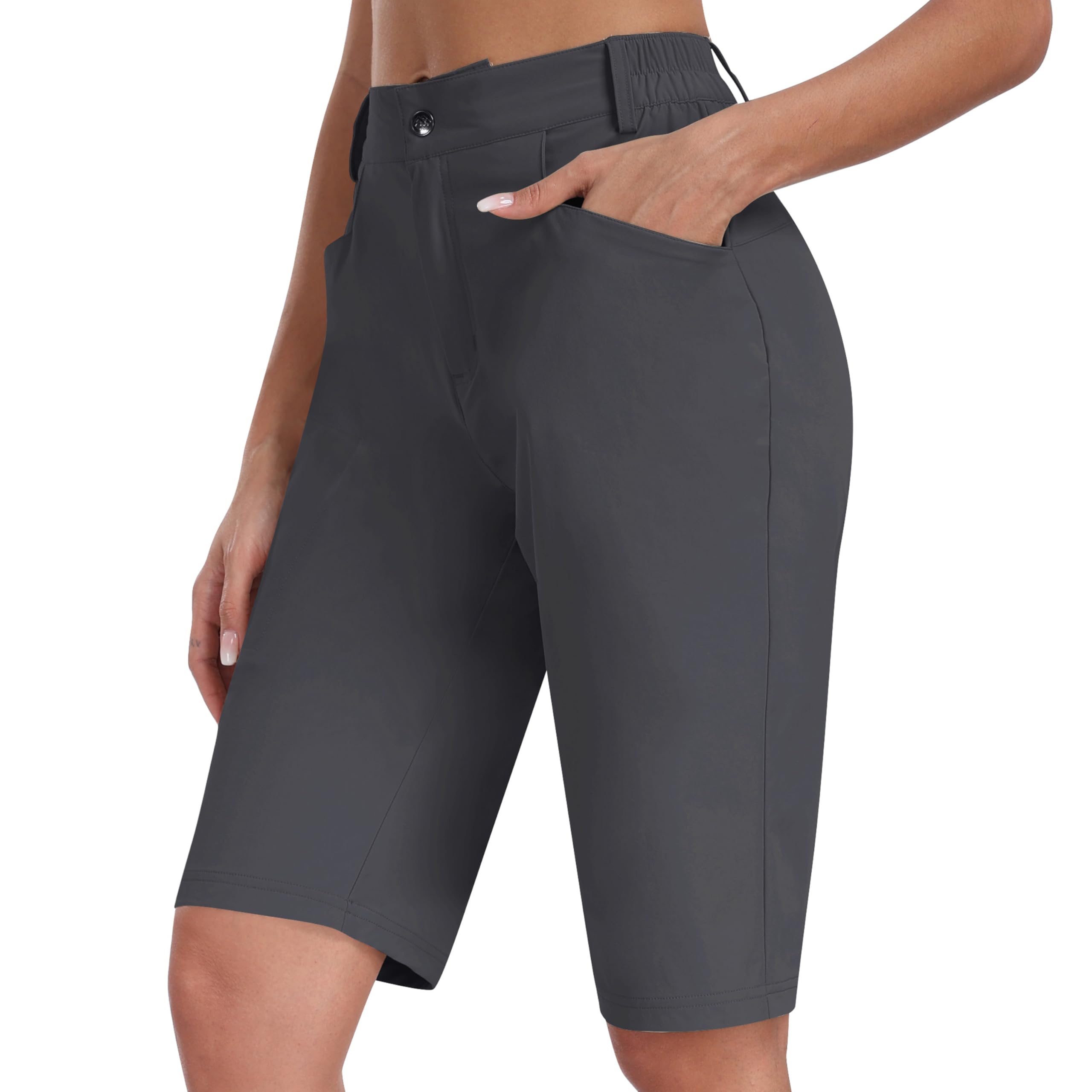 MoFiz Long Shorts for Women Casual Summer Knee Length Shorts Quick Dry Summer Athletic Women Cargo Shorts for Outdoor Hiking Golf Dark Gray Large