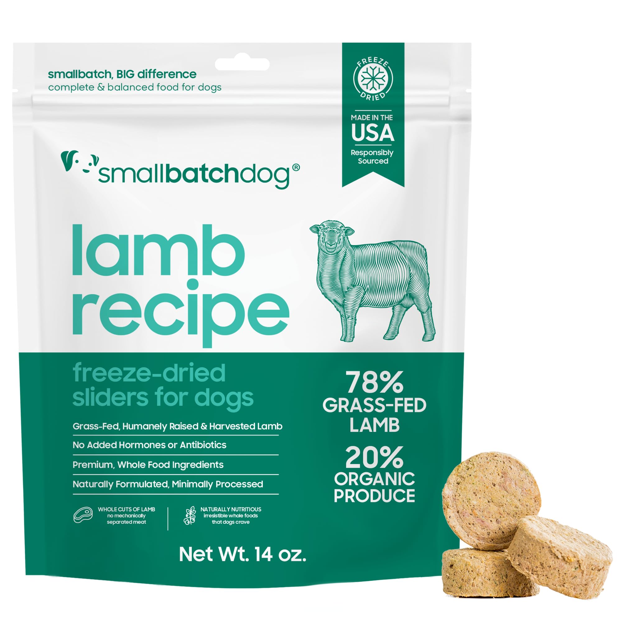 smallbatch Pets Freeze Dried Raw Dog Food, Lamb Recipe, 14 oz, Organic High Protein Dog Food, Grain Free, Made in The USA, Humanely Raised Meat, Single Protein, for Picky Eaters, Hydrate & Serve