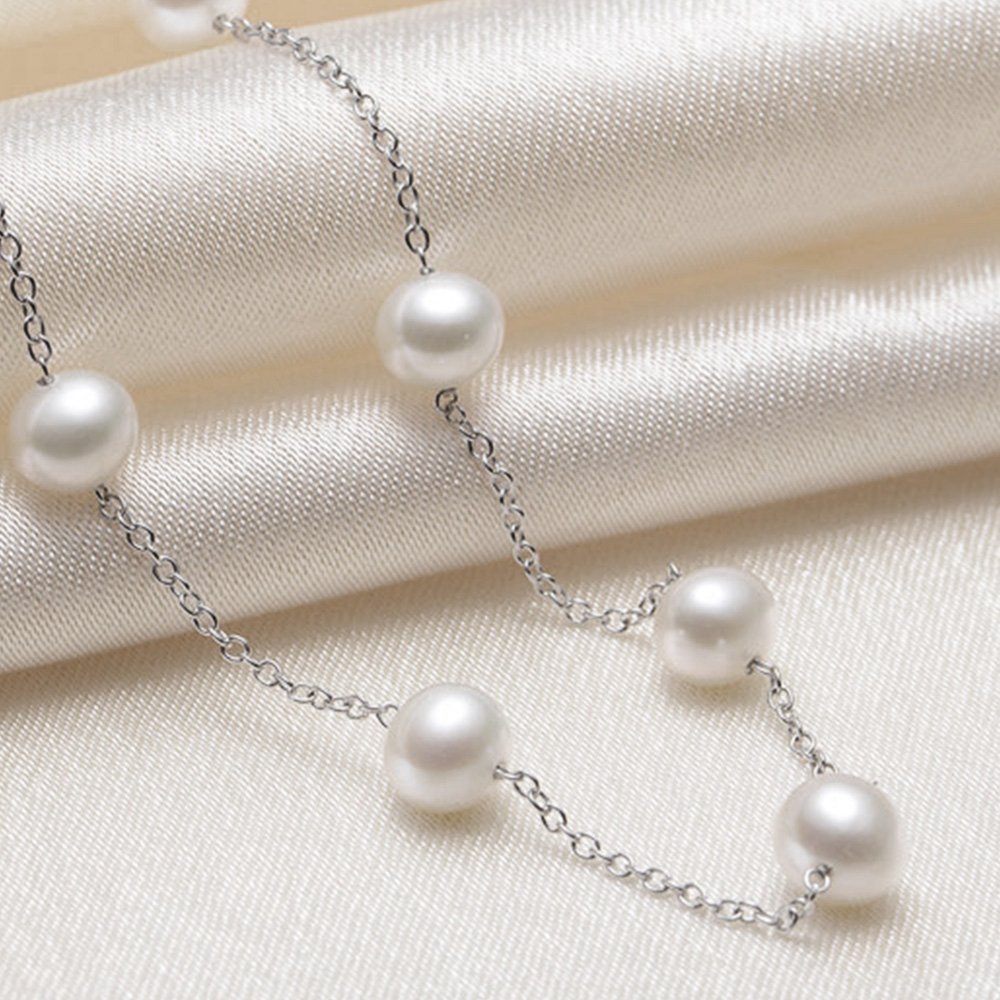 JFUME Damen Perlen Kette 925 Sterlingsilber-Kette 7-8mm Off runden Kultivierte Süßwasserperlen Halsketten Schmucksachen 18"