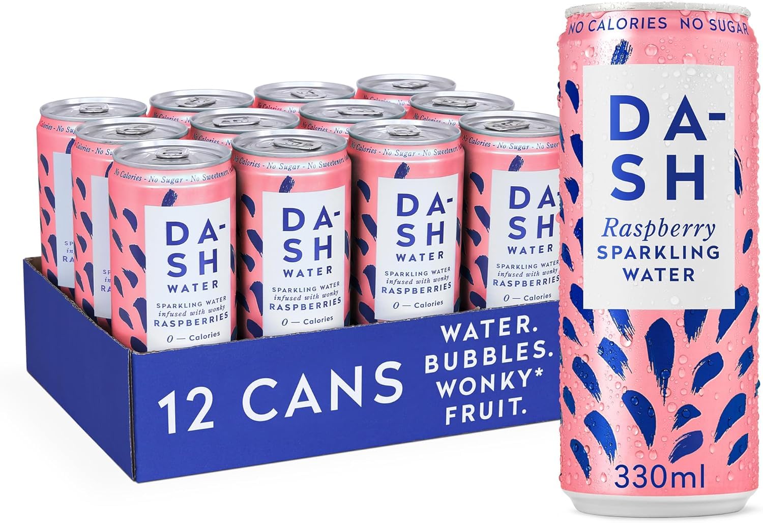 – Dash Water Raspberry - 12 x Raspberry Flavoured Sparkling Spring Water - NO Sugar, NO Sweetener, NO Calories - Infused with Wonky Fruit (12 x 330ml cans)
