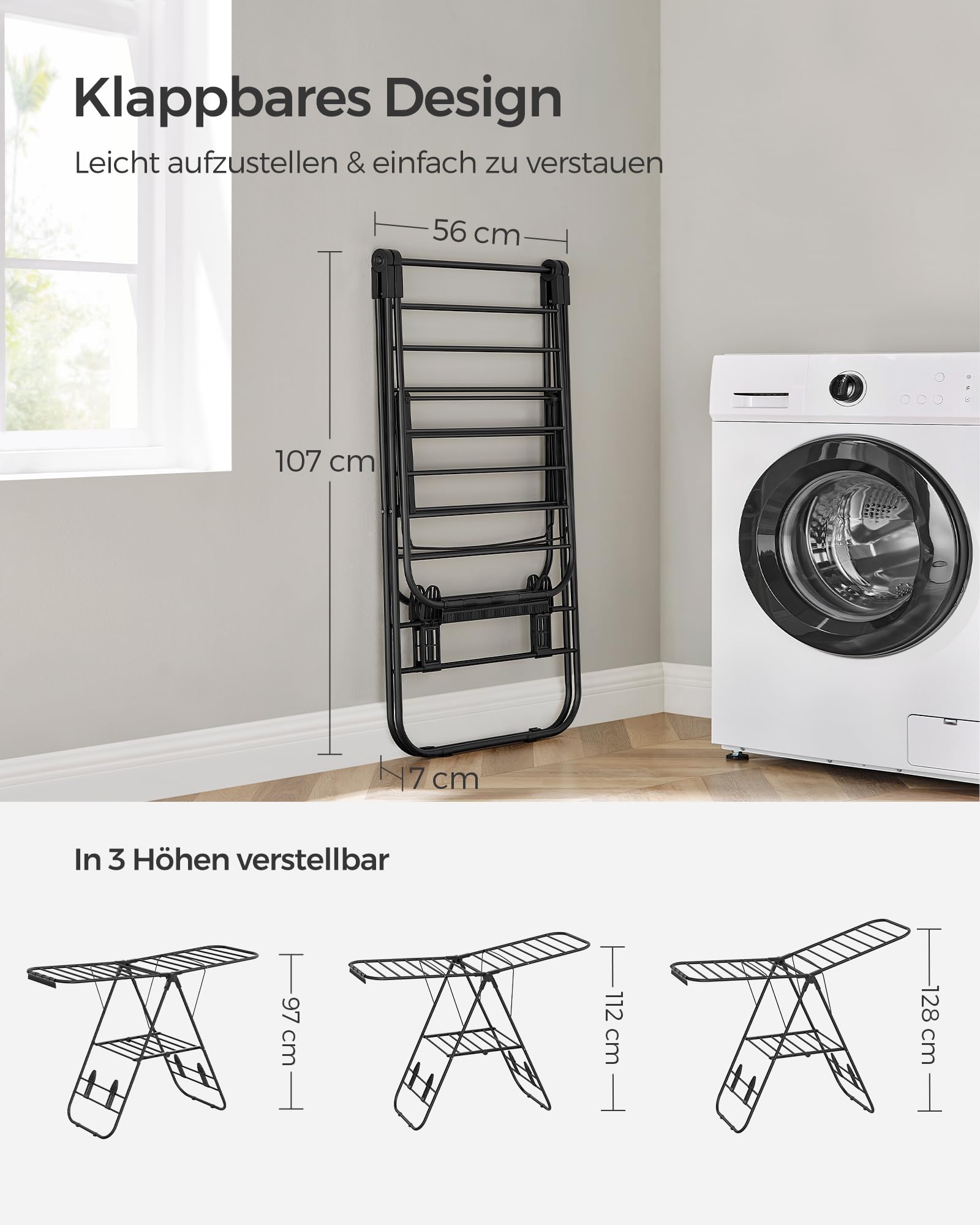 SONGMICS Wäscheständer, Faltbarer Wäscheständer, Wäscheständer mit höhenverstellbaren Flügeln, freistehender Wäscheständer, Innen- und Außenbereich, Stahl, Schwarz LLR502B01