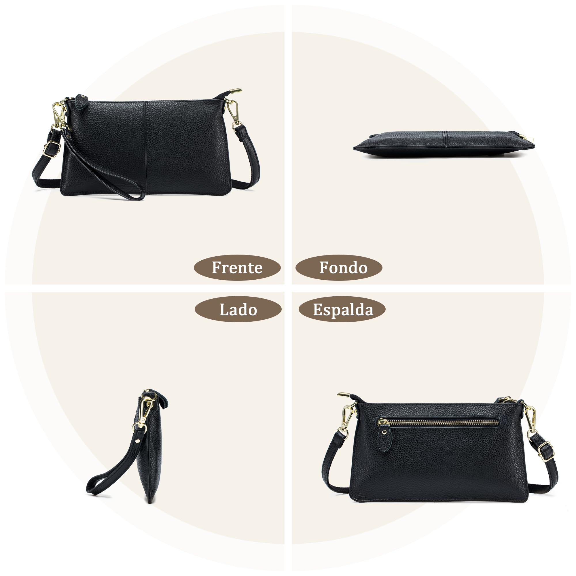 Cartera Mujer Bolso Bandolera Pequeño Bolso de Teléfono Móvil Cuero Genuino Crossbody Bolsas Cremallera Monedero con Correas de Muñeca Negro Medianoche