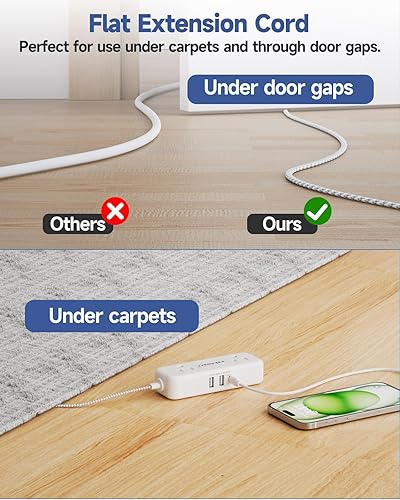 Flat Plug Extension Cord 3 Feet with 4 AC Outlets 3 USB Ports (5V/3.4A 17W), Flat Plug Power Strip Compact for College Dorm, Travel, Home, White(White & Braided Cord,15FT-Flat Cord)