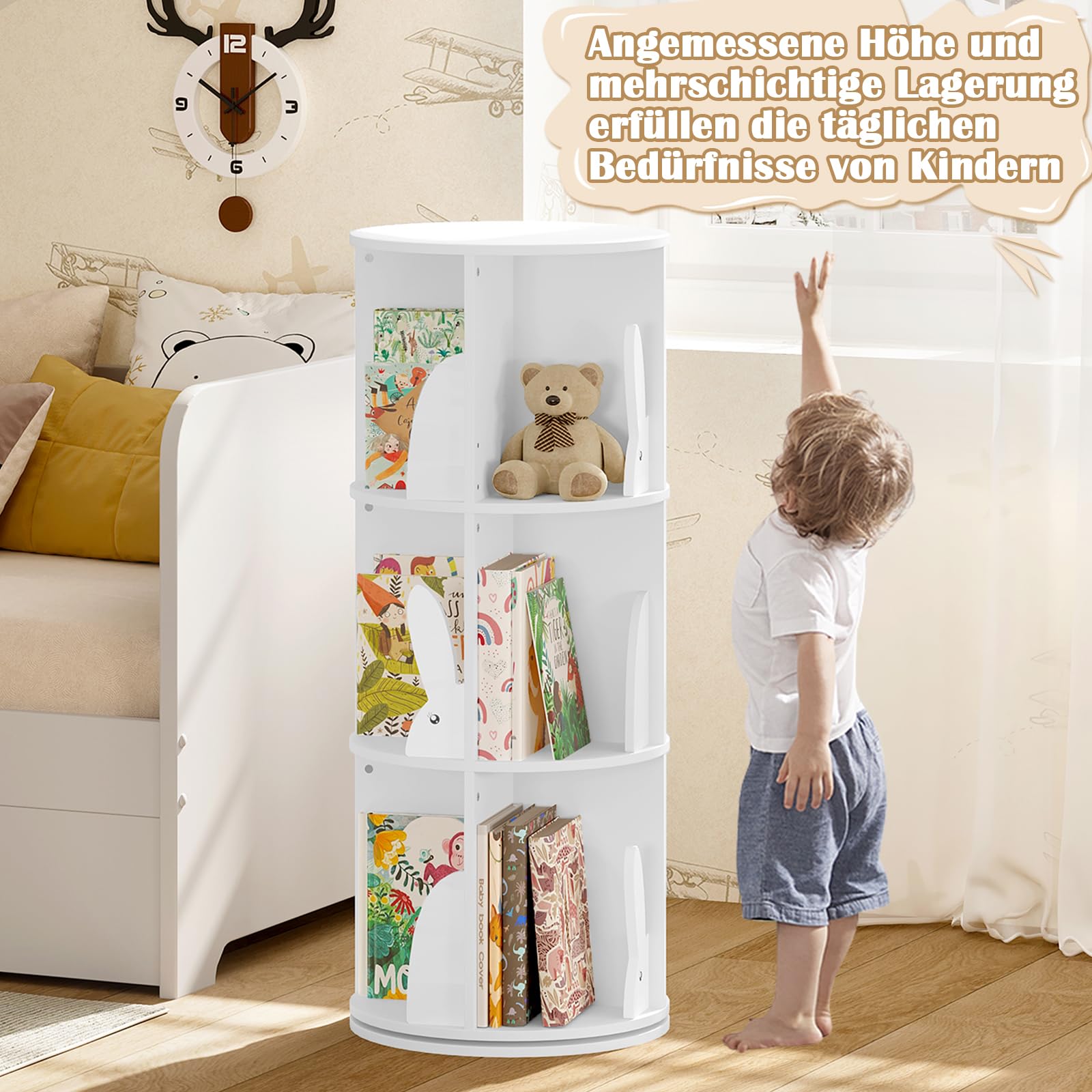 WOLTU Bücherregal Kinder, drehbares Kinderregal mit 3 Ebenen, Bücher Regal Kinderzimmer Wohnzimmer, Drehregal Spielzeugregal Kinderbücherregal Standregal, freistehend, Weiß