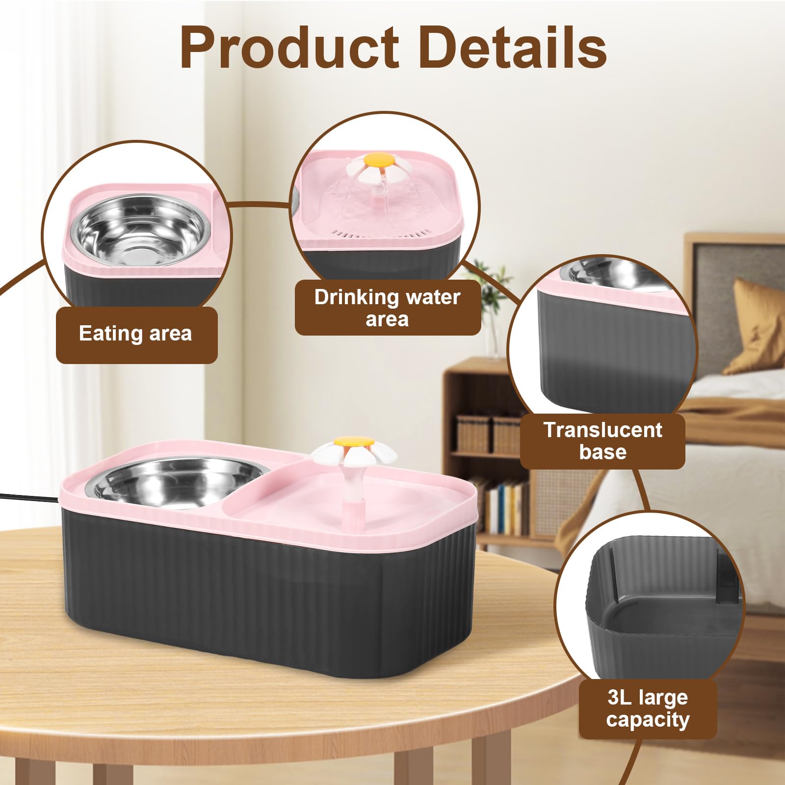 Cat Water Fountain and Food Bowl, 3L/101oz Ultra Quiet Automatic Pet Water Dispenser with Quadruple Filtration System, Stainless Steel Bowl & Smart Pump for Multiple Pets (Rose, 12.2*6.69*4.33 in) - image 4